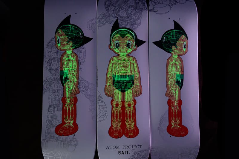 bait x astro boy atom project glow in the dark skateboard deck set of three triptych skate skateboards 