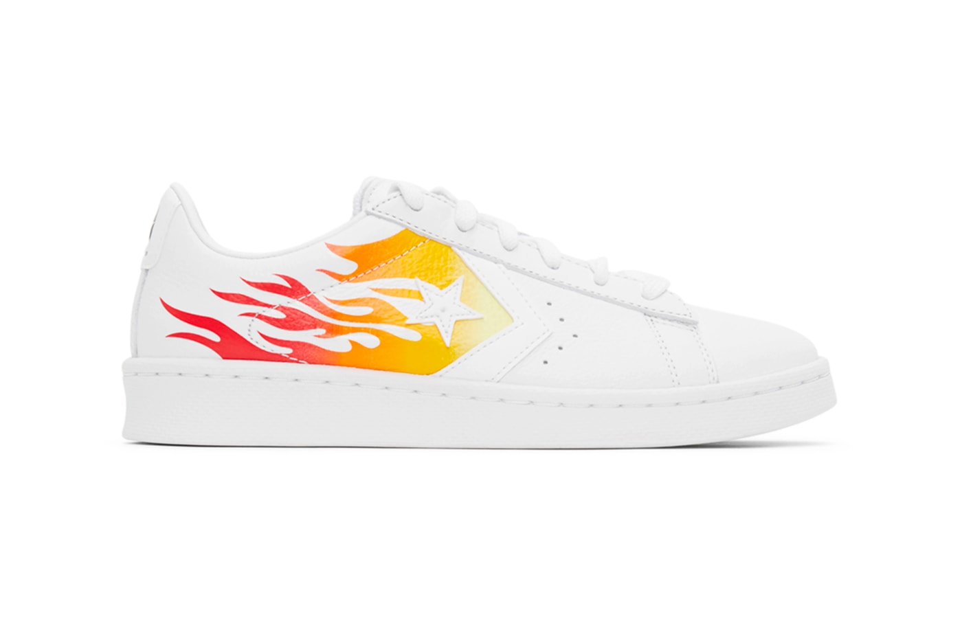 Converse Pro Leather OX White Flame menswear streetwear shoes sneakers leather red yellow bold motif print highlight trainers runners tennis perforation nike ssense flaming fiery fire all star