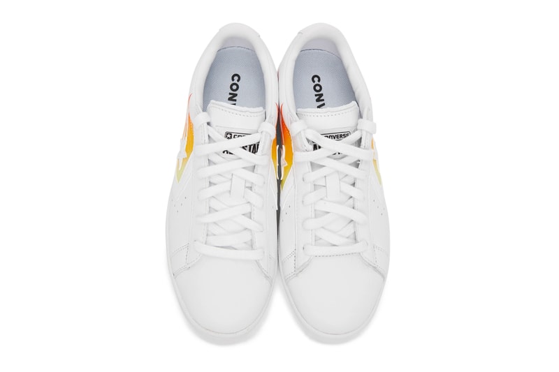 Converse Pro Leather OX White Flame menswear streetwear shoes sneakers leather red yellow bold motif print highlight trainers runners tennis perforation nike ssense flaming fiery fire all star