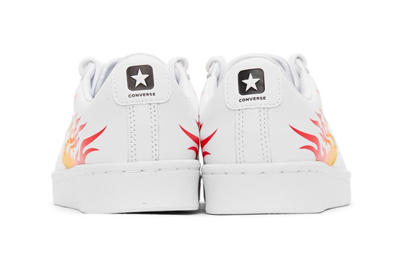 Converse Pro Leather OX White Flame menswear streetwear shoes sneakers leather red yellow bold motif print highlight trainers runners tennis perforation nike ssense flaming fiery fire all star