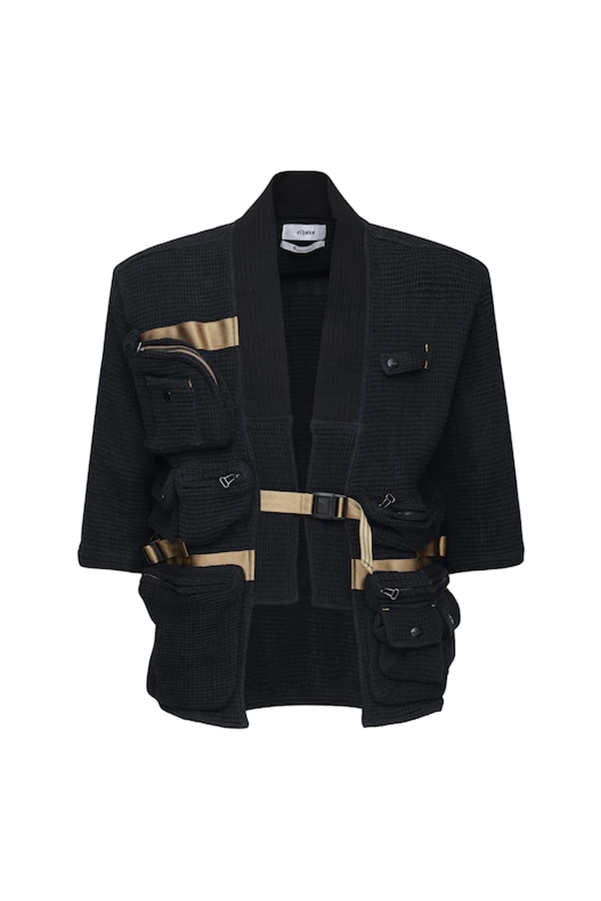 elhaus vagabond multi pocket utility jacket black green shawl lapels three quarter length sleeves adjustable front buckle closure