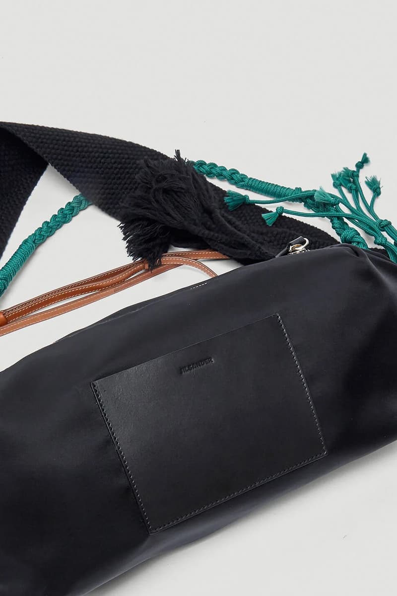jil sander hike small belt bag in black with detachable knotted rope strap leather back slip pocket contemporary aesthetic technical fabrication soft sheen finish