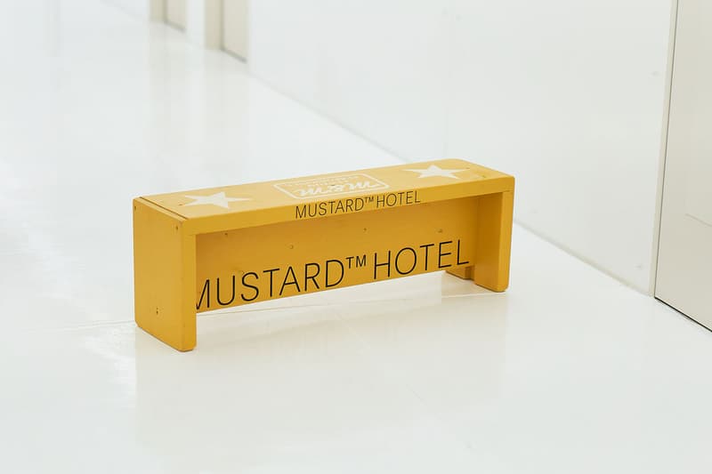 Mustard Hotel Shibuya M&M Furniture and Apparel Collaboration Bench Circle Stool Key Ring Wood Tray Work Shirt Yellow Blue