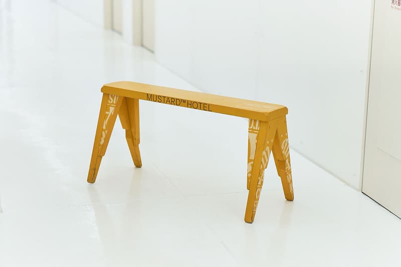 Mustard Hotel Shibuya M&M Furniture and Apparel Collaboration Bench Circle Stool Key Ring Wood Tray Work Shirt Yellow Blue