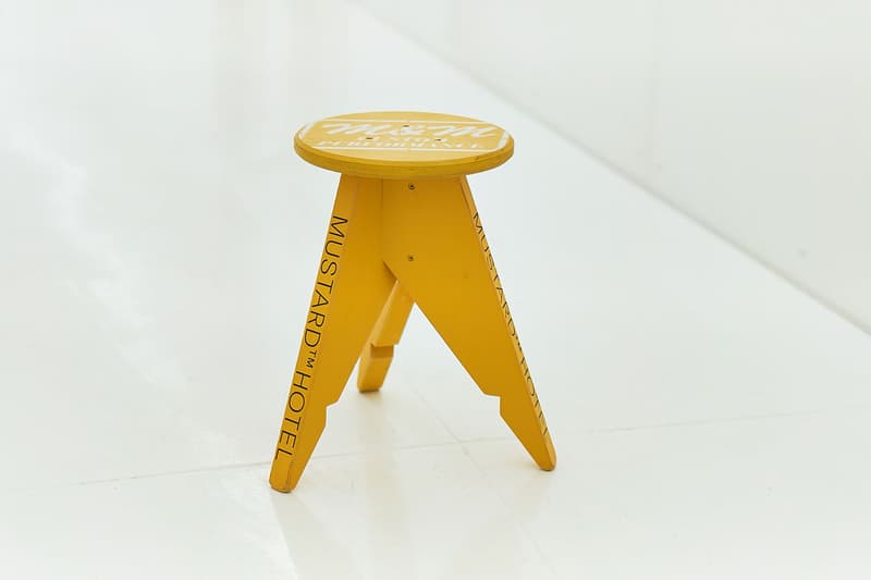 Mustard Hotel Shibuya M&M Furniture and Apparel Collaboration Bench Circle Stool Key Ring Wood Tray Work Shirt Yellow Blue