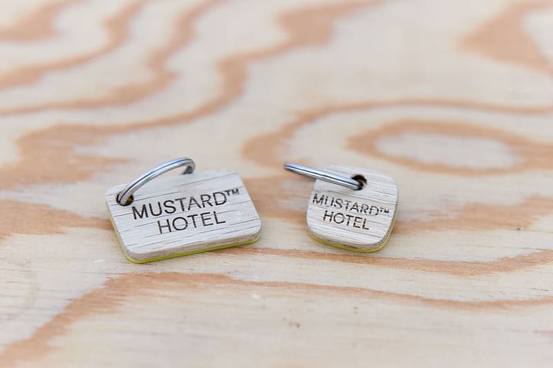 Mustard Hotel Shibuya M&M Furniture and Apparel Collaboration Bench Circle Stool Key Ring Wood Tray Work Shirt Yellow Blue