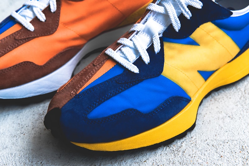 new balance 327 grey white blue orange split 1970s closer look buy cop purchase release information details