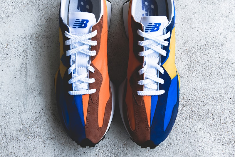 new balance 327 grey white blue orange split 1970s closer look buy cop purchase release information details