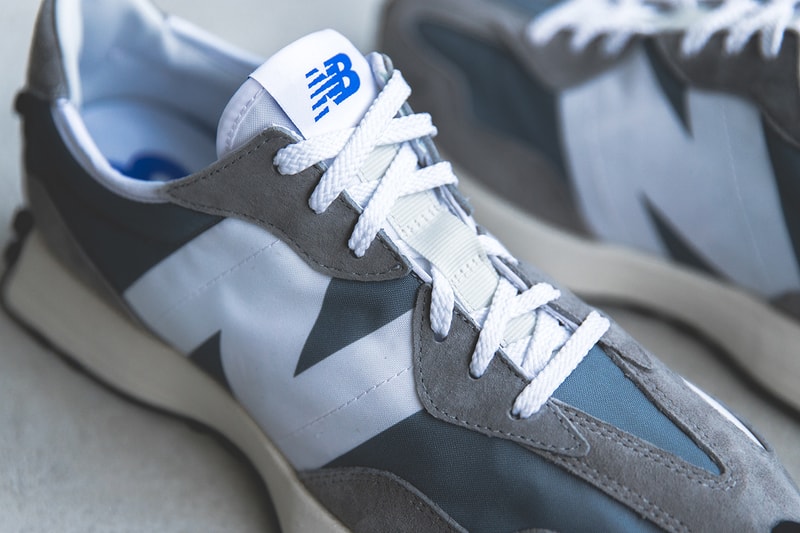 new balance 327 grey white blue orange split 1970s closer look buy cop purchase release information details