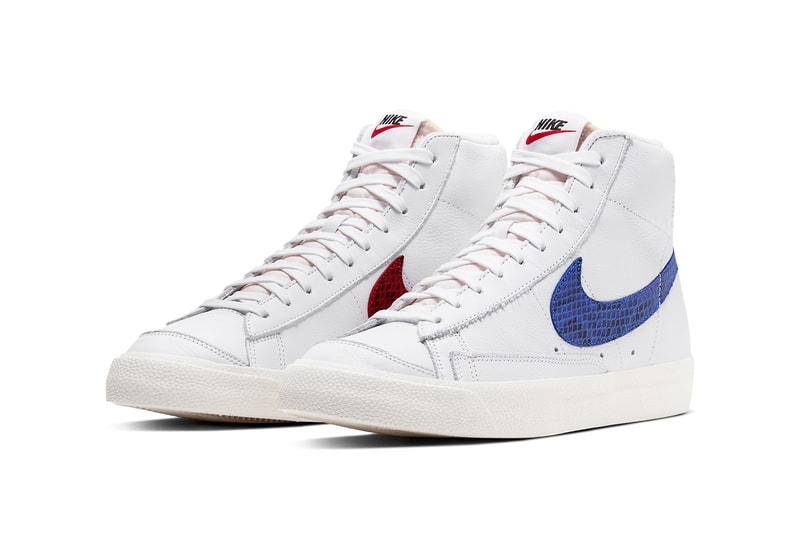 nike sportswear blazer mid 77 vintage sky force 3 4 white red blue snakeskin swoosh CW7073 CW7074 100 official release date info photos price store list