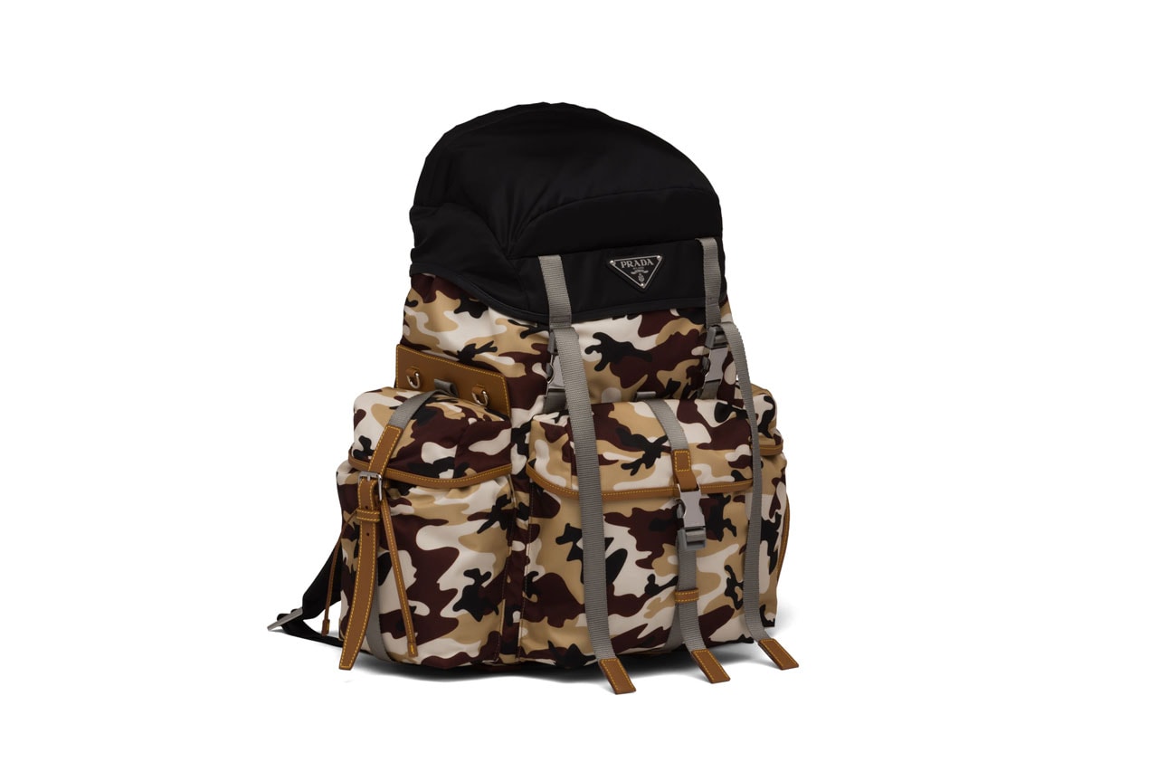 Prada Nylon Camouflage Print Backpack Release Saffiano Leather Black Brown Beige White Buckles Accessory 
