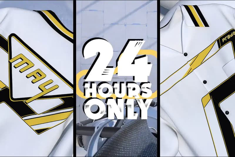 Prada time capsule poplin camp collar shirt may 2020 white black gold rem koolhaas oma details 24 hour release buy cop purchase