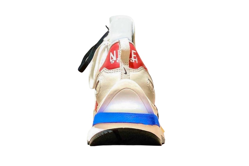 Nike x Sacai Waffle Knit Game Royal White and Red Low-Top Running Sneakers On-Foot Look at sacai x Nike VaporWaffle White Blue Red  main image 4