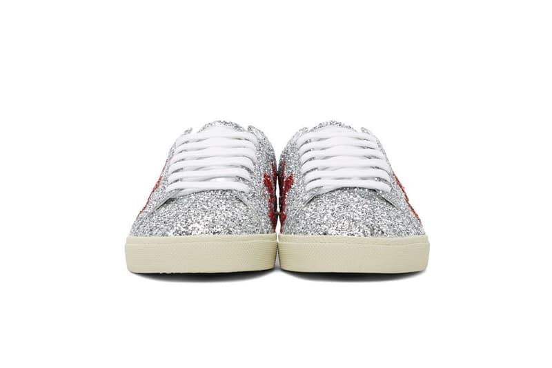 Saint Laurent Silver Glitter Court Classic Sneakers Red Blue White Silver-Tone Stars Rubber Leather Gold Branding Padded Tongue