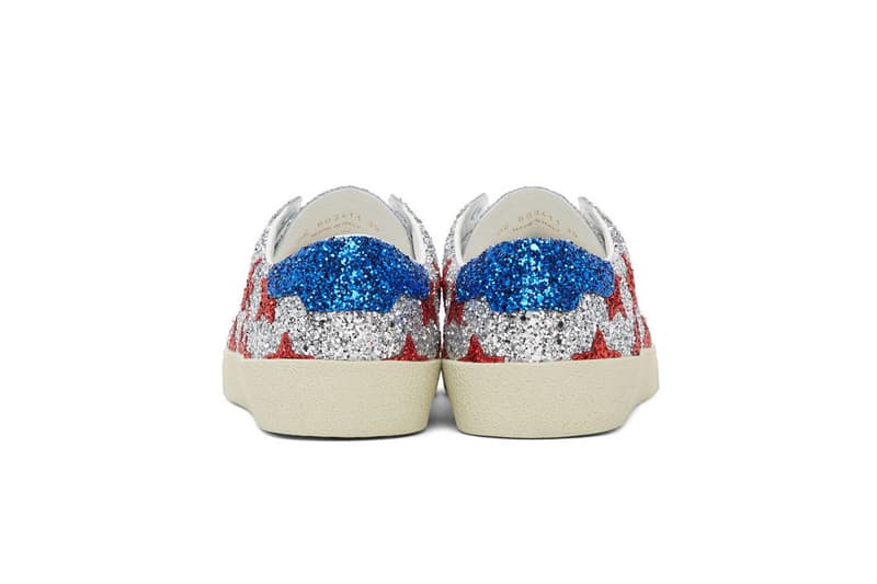 Saint Laurent Silver Glitter Court Classic Sneakers Red Blue White Silver-Tone Stars Rubber Leather Gold Branding Padded Tongue