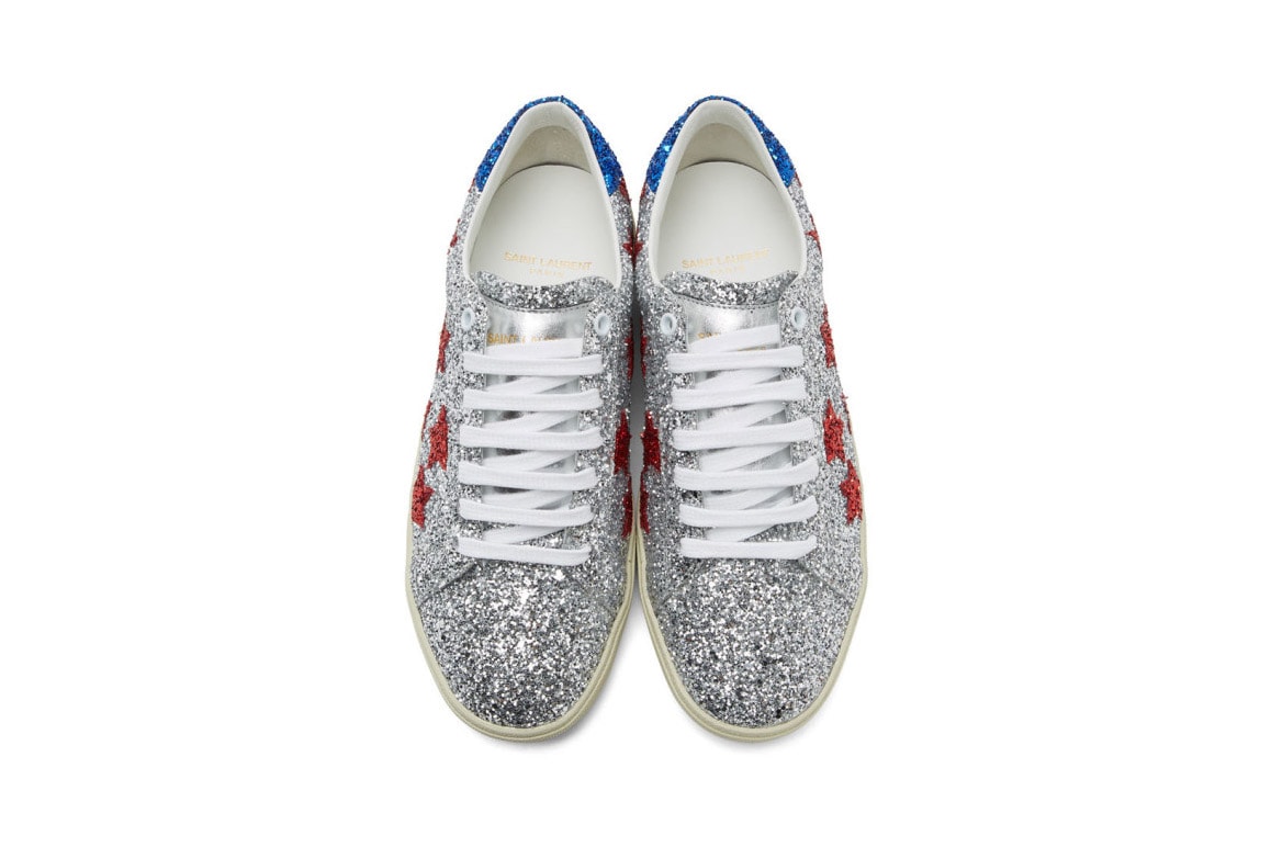 Saint Laurent Silver Glitter Court Classic Sneakers Red Blue White Silver-Tone Stars Rubber Leather Gold Branding Padded Tongue