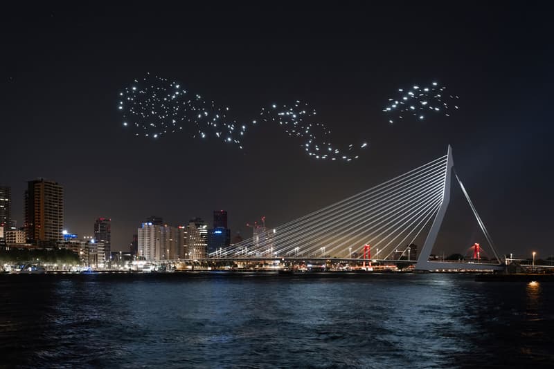 Studio Drift Drone Performance in Rotterdam Freedom Health River Maas Netherlands Art Installation Lights Bird Flight Patterns 