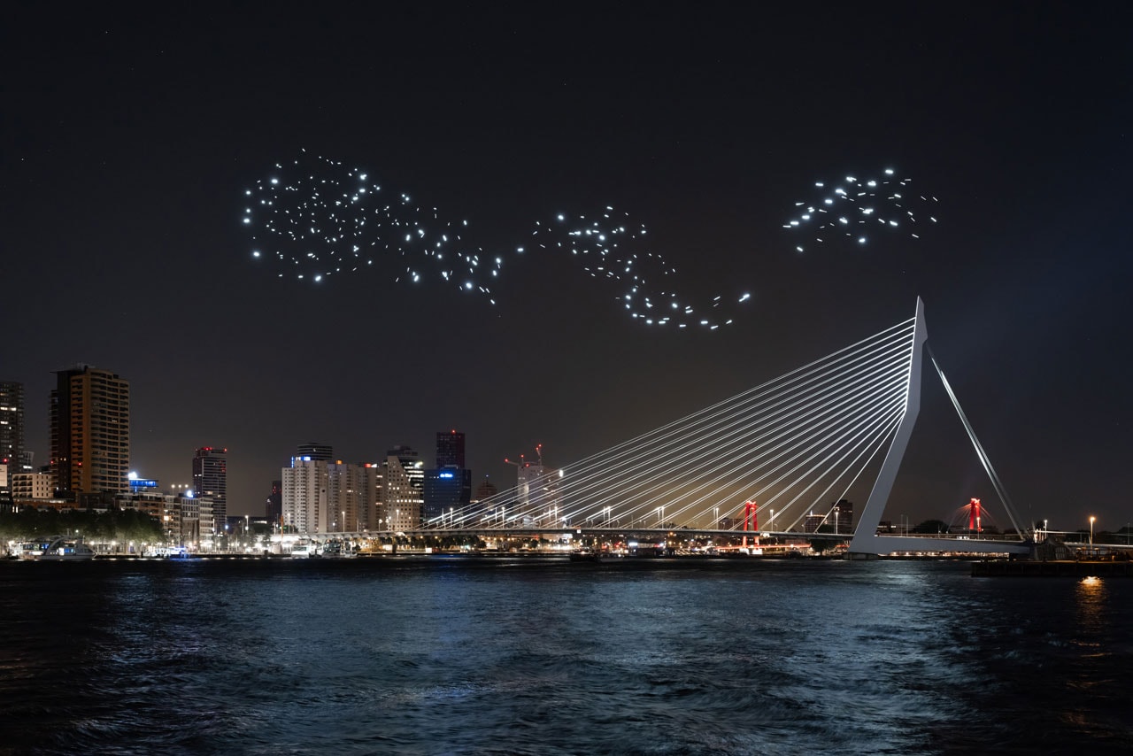 Studio Drift Drone Performance in Rotterdam Freedom Health River Maas Netherlands Art Installation Lights Bird Flight Patterns 