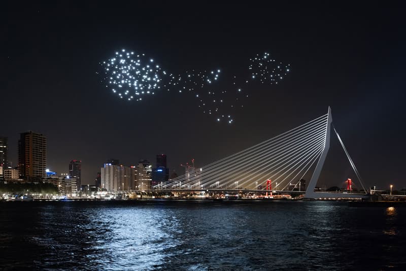 Studio Drift Drone Performance in Rotterdam Freedom Health River Maas Netherlands Art Installation Lights Bird Flight Patterns