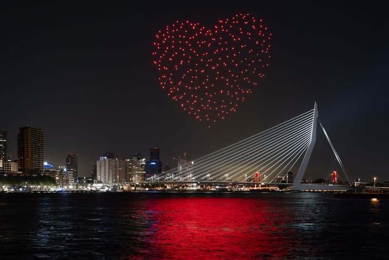 Studio Drift Drone Performance in Rotterdam Freedom Health River Maas Netherlands Art Installation Lights Bird Flight Patterns