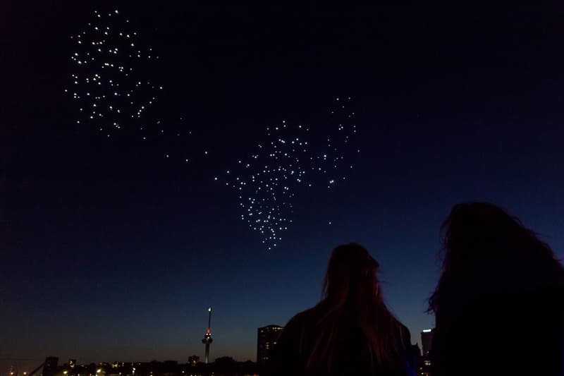Studio Drift Drone Performance in Rotterdam Freedom Health River Maas Netherlands Art Installation Lights Bird Flight Patterns