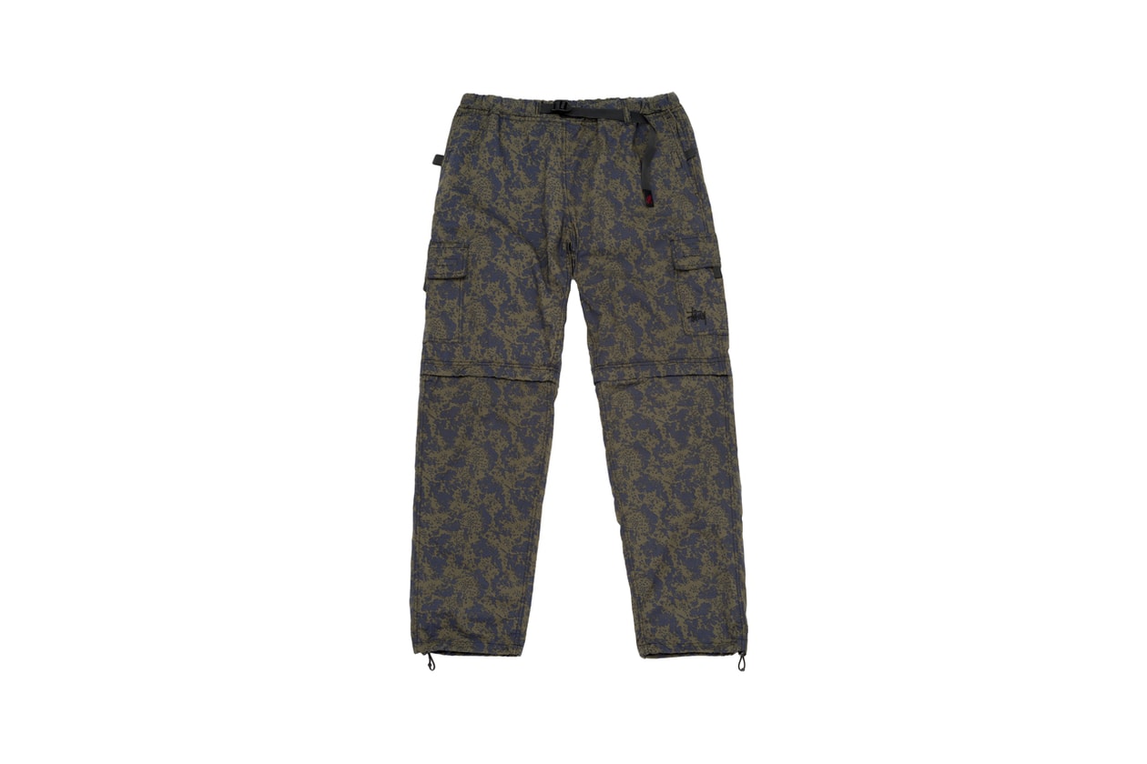 stussy gramicci zip off cargo pants collaboration release collection outdoor brand patented gusset crotch built in nylon belt hiking skating