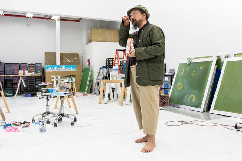 takashi murakami coffee filter artwork quarantine videos process flowers calligraphy screen print