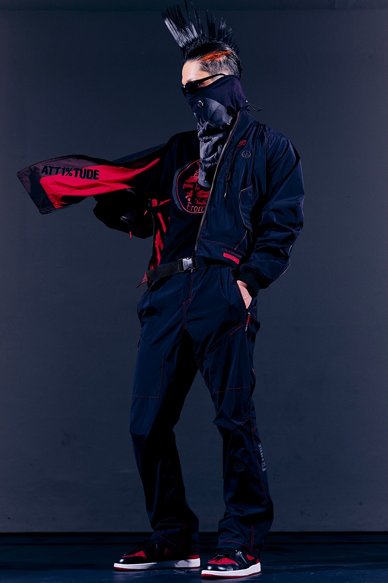 99%IS- "ATT1&TUDE" 15th Collection Lookbook diy maximalism Punk riot gear gobchang pants down puffer jackets glow in the dark reflective inks screenprint bajowoo south korean brand 