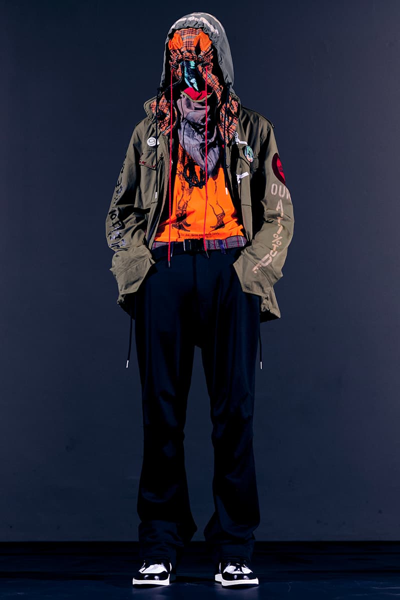 99%IS- "ATT1&TUDE" 15th Collection Lookbook diy maximalism Punk riot gear gobchang pants down puffer jackets glow in the dark reflective inks screenprint bajowoo south korean brand 