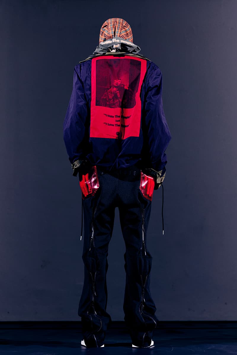 99%IS- "ATT1&TUDE" 15th Collection Lookbook diy maximalism Punk riot gear gobchang pants down puffer jackets glow in the dark reflective inks screenprint bajowoo south korean brand 