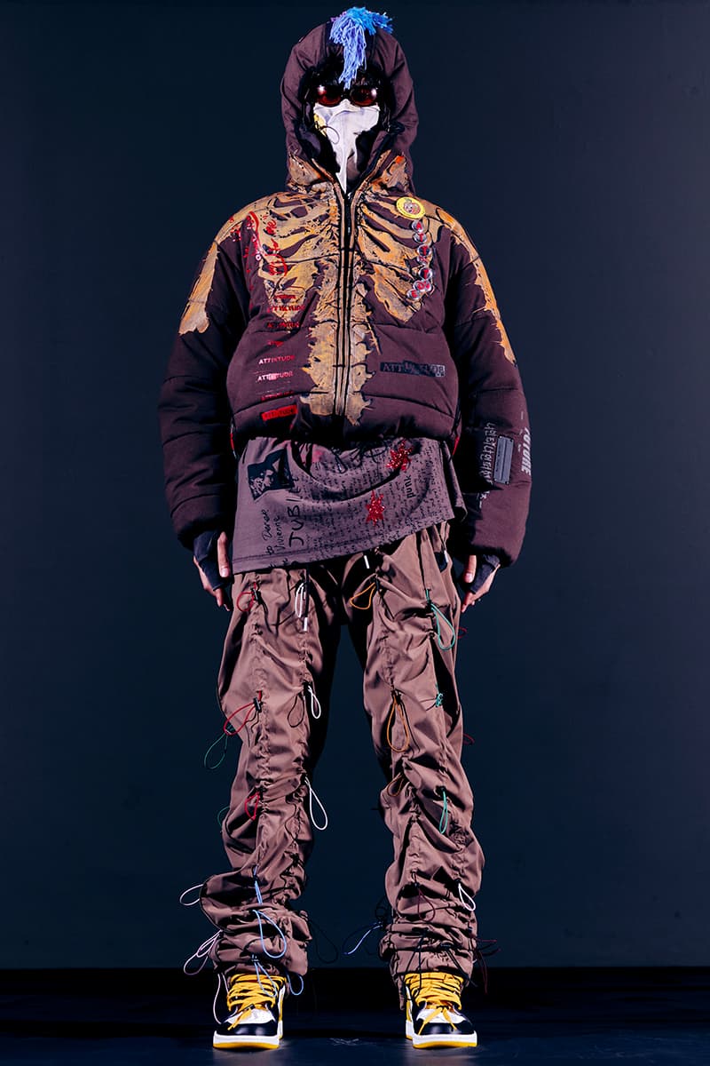 99%IS- "ATT1&TUDE" 15th Collection Lookbook diy maximalism Punk riot gear gobchang pants down puffer jackets glow in the dark reflective inks screenprint bajowoo south korean brand