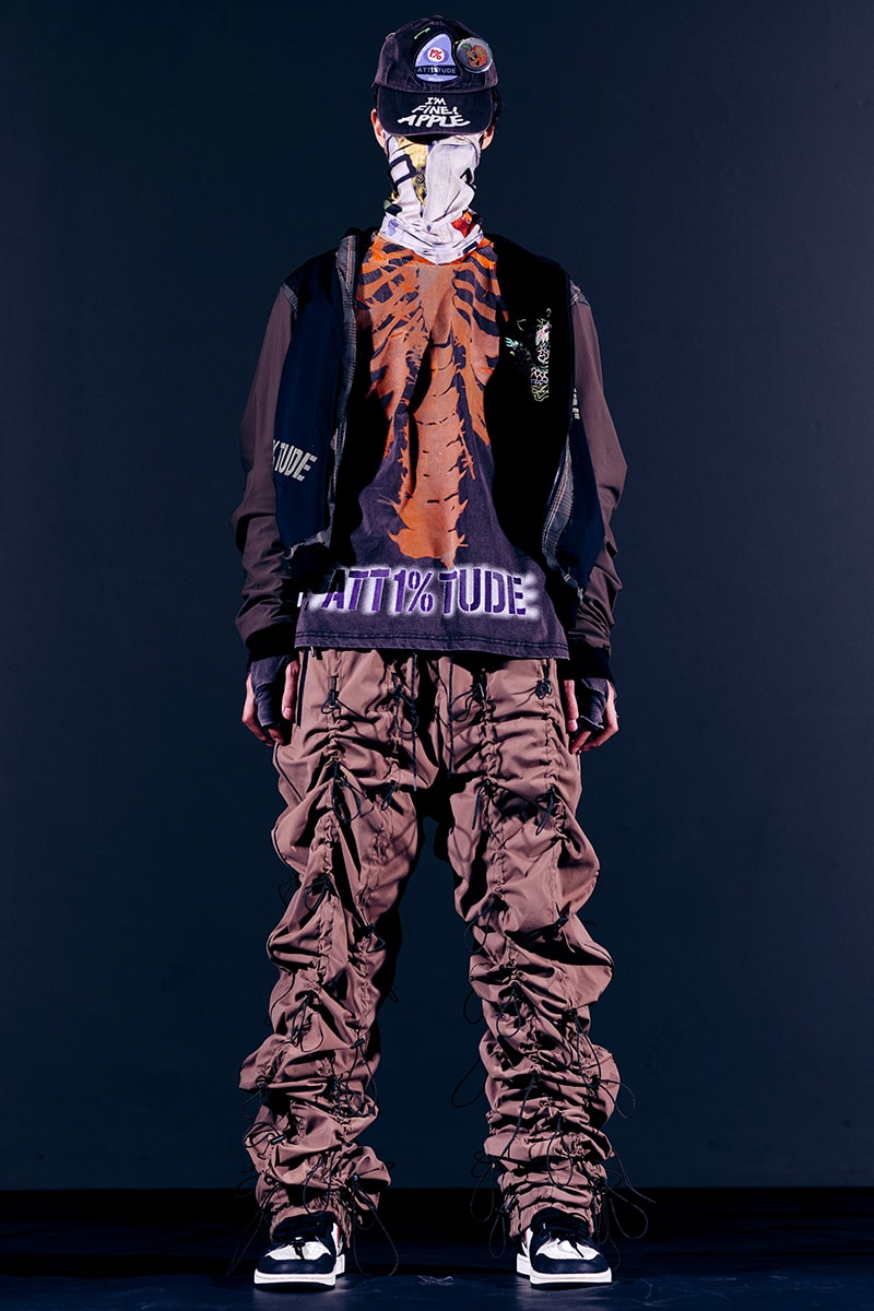 99%IS- "ATT1&TUDE" 15th Collection Lookbook diy maximalism Punk riot gear gobchang pants down puffer jackets glow in the dark reflective inks screenprint bajowoo south korean brand 