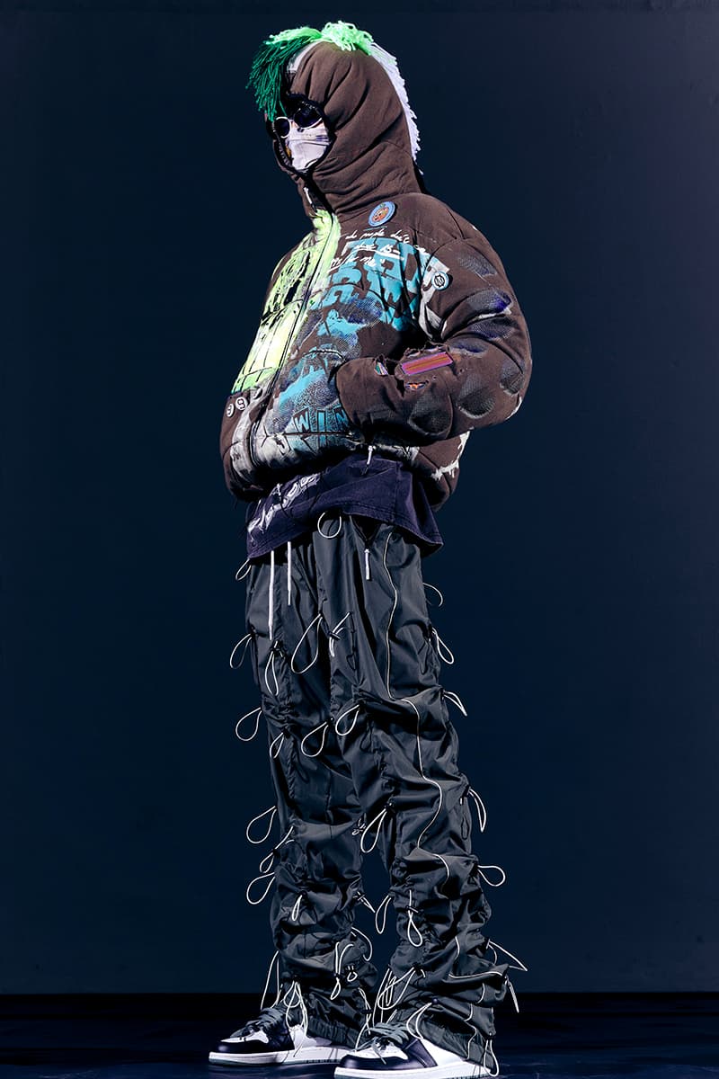 99%IS- "ATT1&TUDE" 15th Collection Lookbook diy maximalism Punk riot gear gobchang pants down puffer jackets glow in the dark reflective inks screenprint bajowoo south korean brand