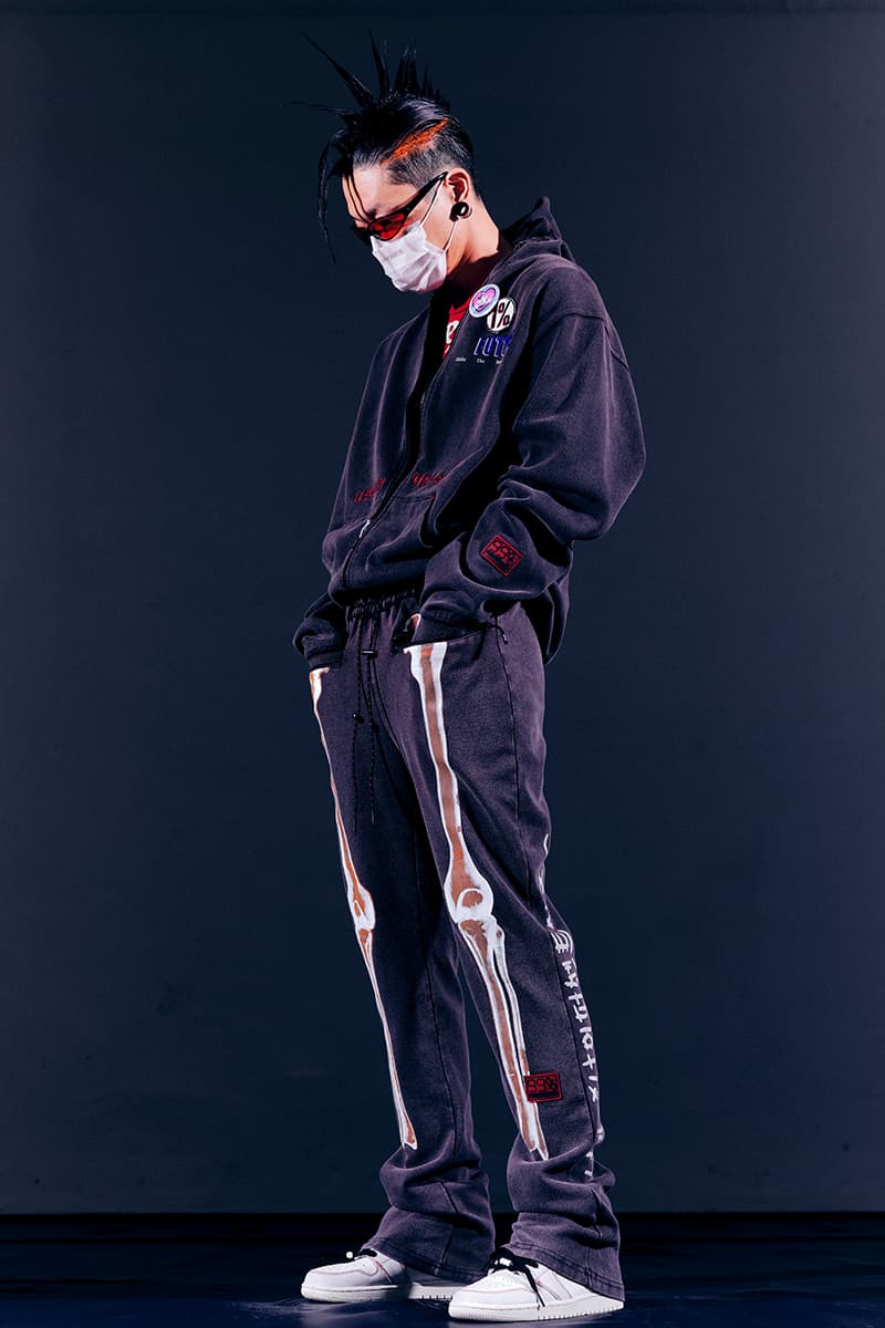 99%IS- "ATT1&TUDE" 15th Collection Lookbook diy maximalism Punk riot gear gobchang pants down puffer jackets glow in the dark reflective inks screenprint bajowoo south korean brand