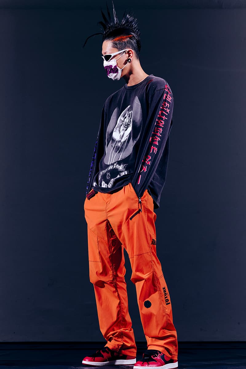 99%IS- "ATT1&TUDE" 15th Collection Lookbook diy maximalism Punk riot gear gobchang pants down puffer jackets glow in the dark reflective inks screenprint bajowoo south korean brand 