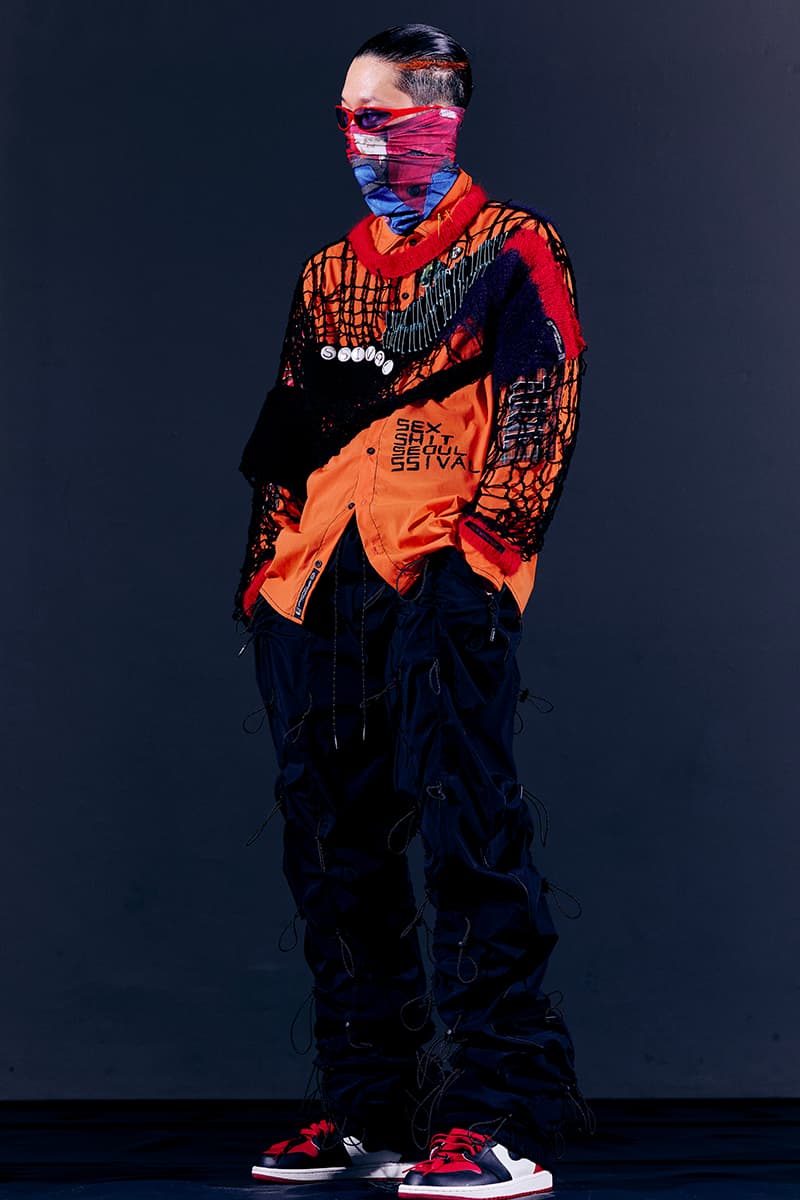 99%IS- "ATT1&TUDE" 15th Collection Lookbook diy maximalism Punk riot gear gobchang pants down puffer jackets glow in the dark reflective inks screenprint bajowoo south korean brand 