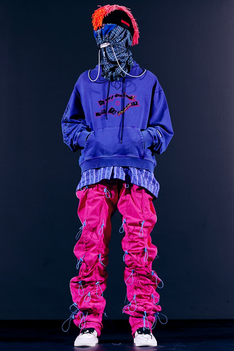 99%IS- "ATT1&TUDE" 15th Collection Lookbook diy maximalism Punk riot gear gobchang pants down puffer jackets glow in the dark reflective inks screenprint bajowoo south korean brand 