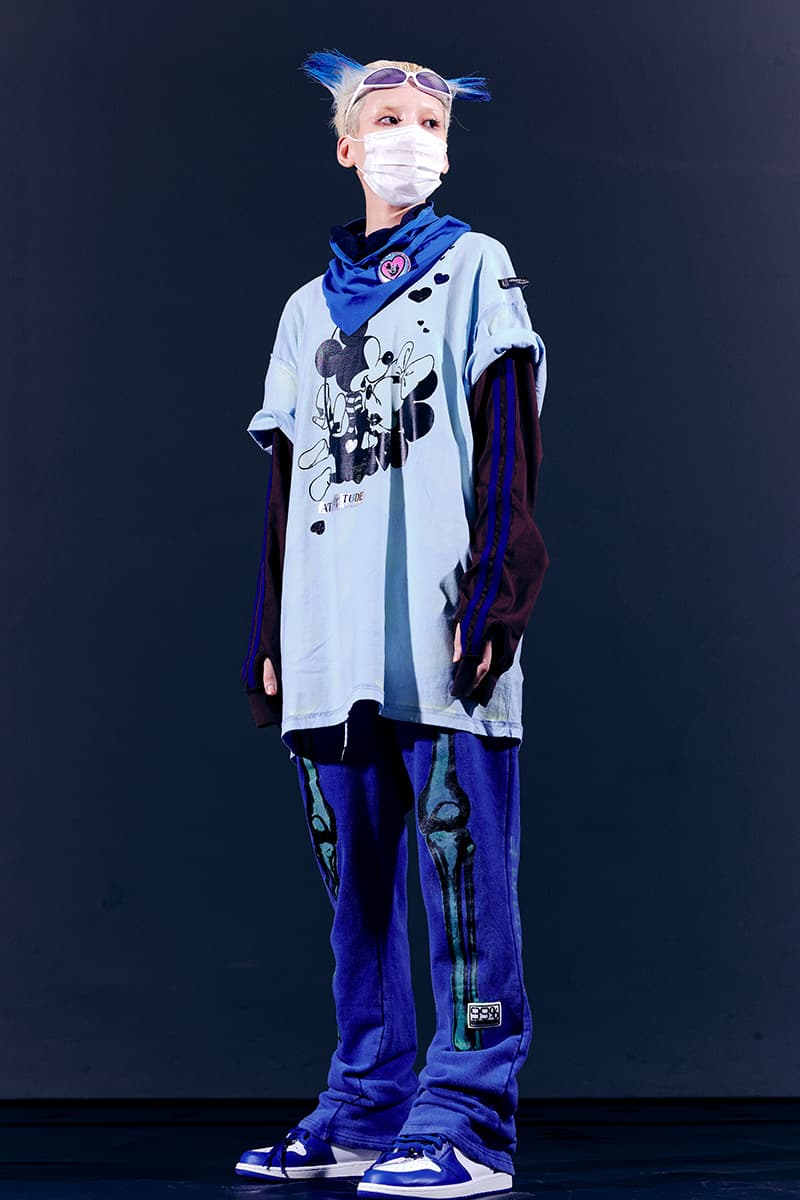 99%IS- "ATT1&TUDE" 15th Collection Lookbook diy maximalism Punk riot gear gobchang pants down puffer jackets glow in the dark reflective inks screenprint bajowoo south korean brand 