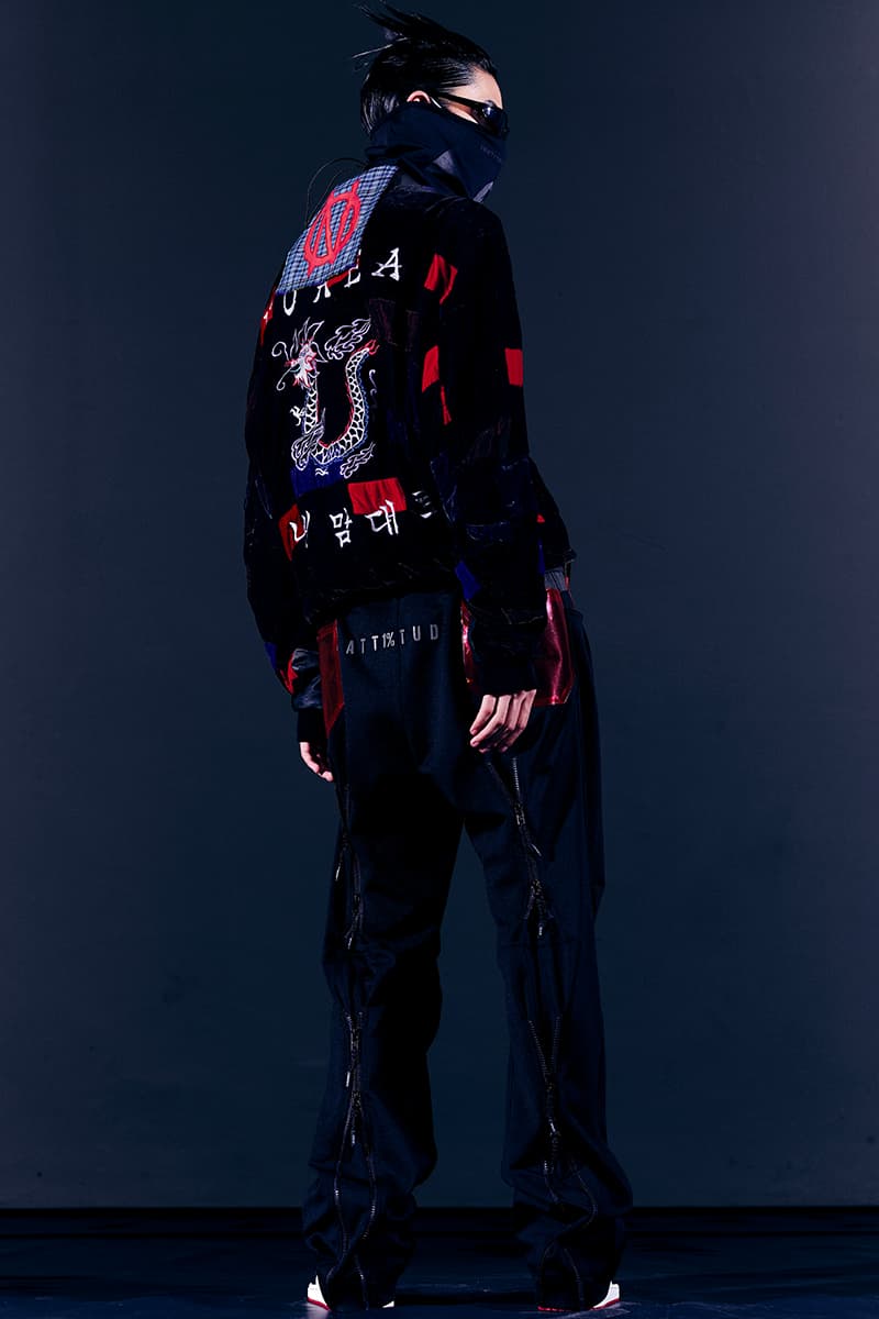 99%IS- "ATT1&TUDE" 15th Collection Lookbook diy maximalism Punk riot gear gobchang pants down puffer jackets glow in the dark reflective inks screenprint bajowoo south korean brand 