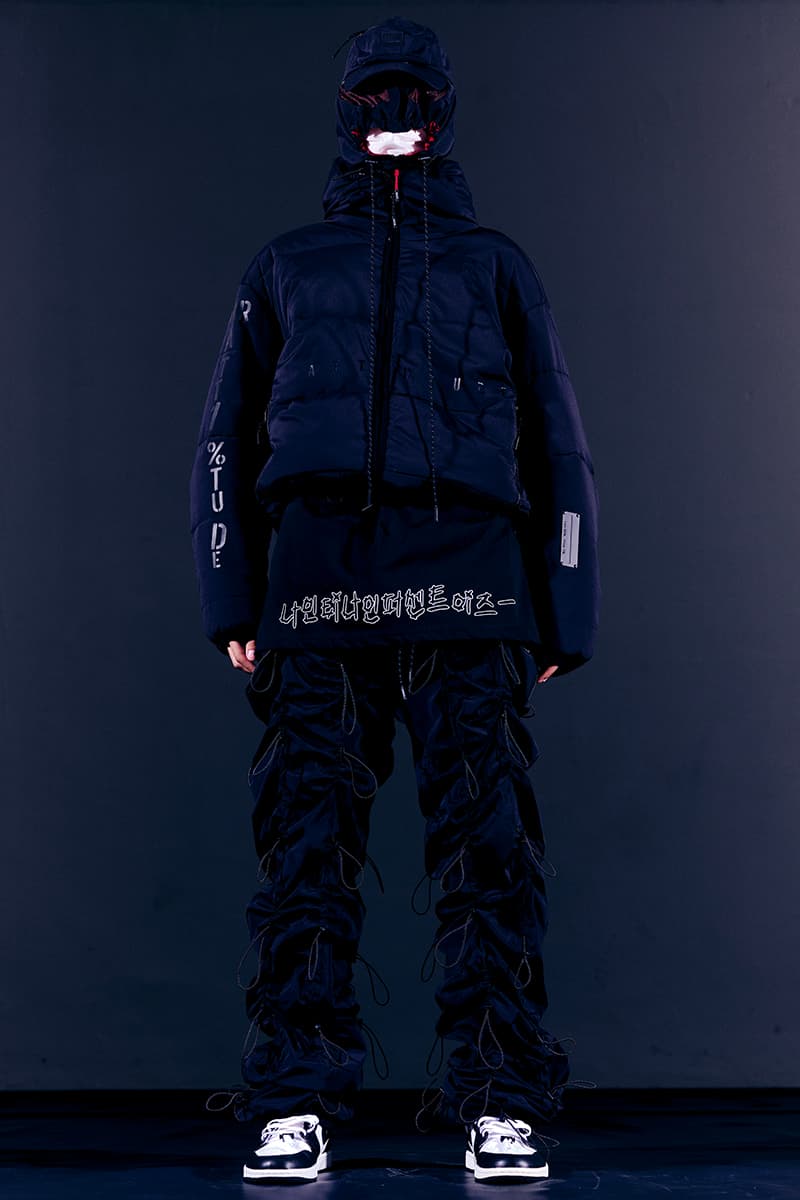 99%IS- "ATT1&TUDE" 15th Collection Lookbook diy maximalism Punk riot gear gobchang pants down puffer jackets glow in the dark reflective inks screenprint bajowoo south korean brand 