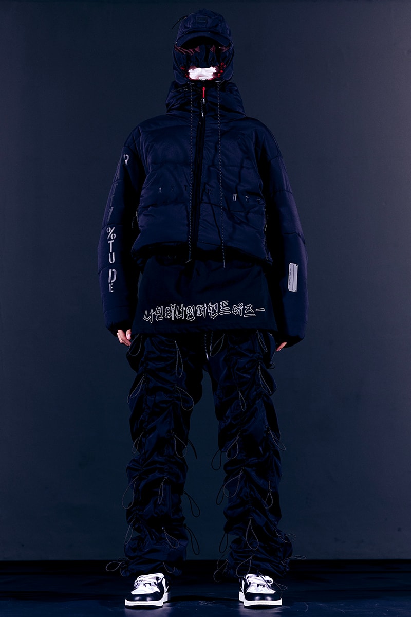 99%IS- "ATT1&TUDE" 15th Collection Lookbook diy maximalism Punk riot gear gobchang pants down puffer jackets glow in the dark reflective inks screenprint bajowoo south korean brand 