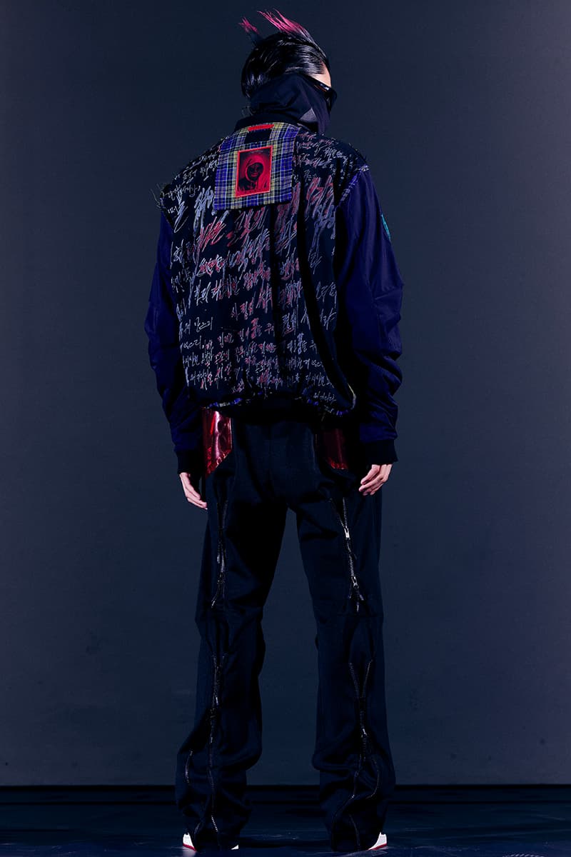 99%IS- "ATT1&TUDE" 15th Collection Lookbook diy maximalism Punk riot gear gobchang pants down puffer jackets glow in the dark reflective inks screenprint bajowoo south korean brand 