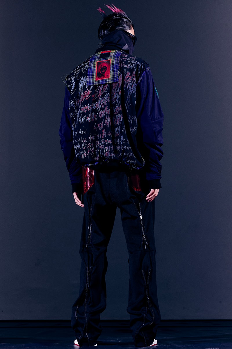 99%IS- "ATT1&TUDE" 15th Collection Lookbook diy maximalism Punk riot gear gobchang pants down puffer jackets glow in the dark reflective inks screenprint bajowoo south korean brand 
