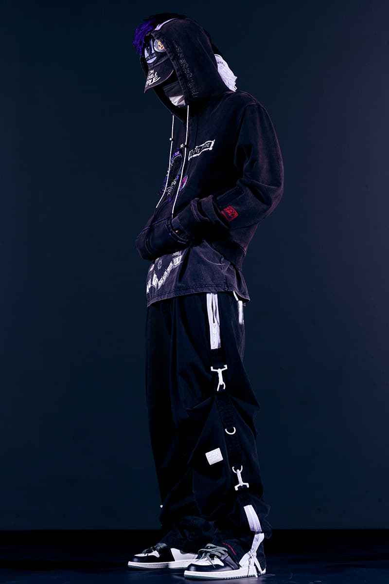 99%IS- "ATT1&TUDE" 15th Collection Lookbook diy maximalism Punk riot gear gobchang pants down puffer jackets glow in the dark reflective inks screenprint bajowoo south korean brand 