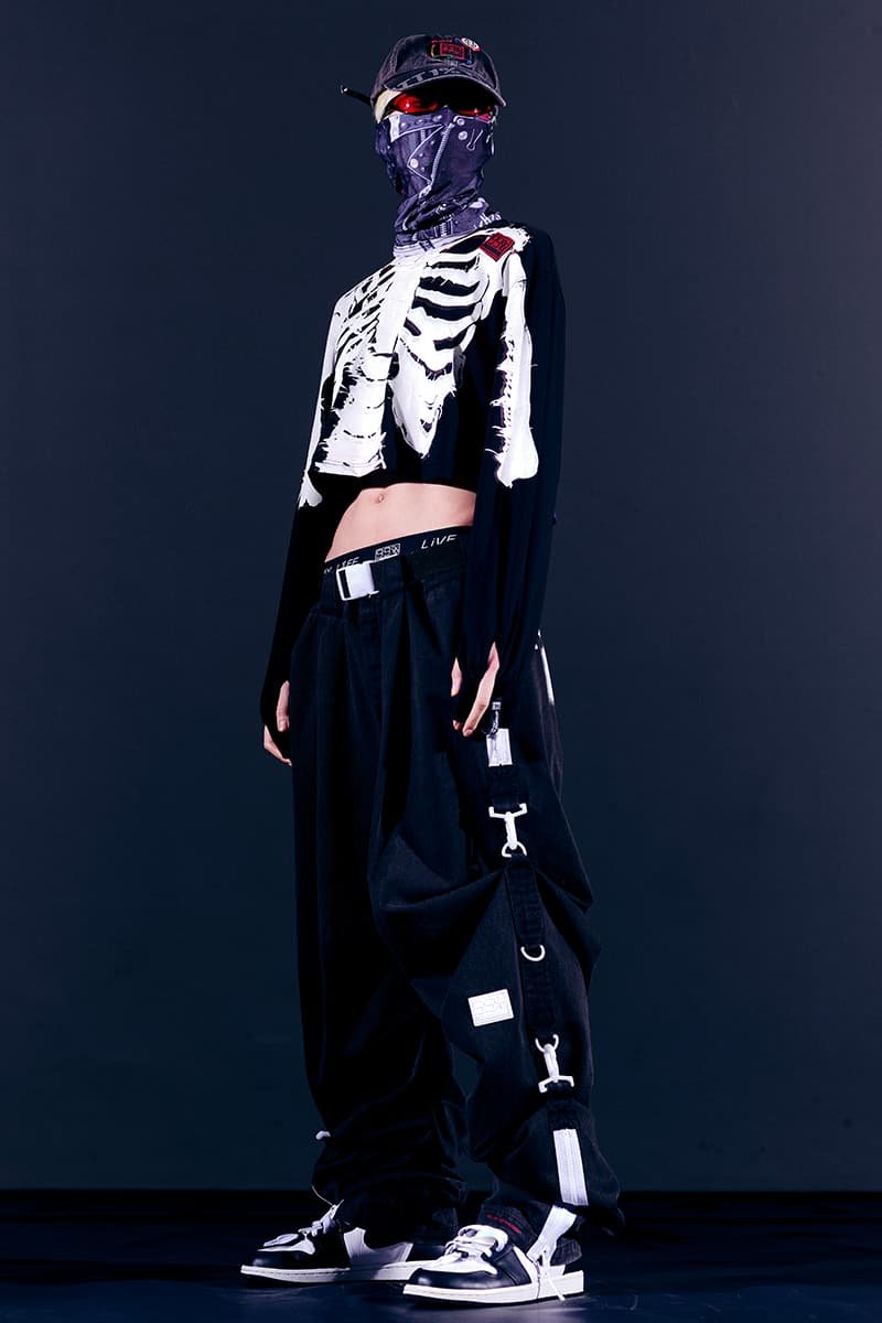 99%IS- "ATT1&TUDE" 15th Collection Lookbook diy maximalism Punk riot gear gobchang pants down puffer jackets glow in the dark reflective inks screenprint bajowoo south korean brand