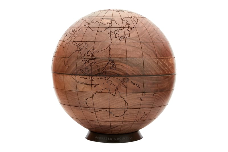 Brunello Cucinelli Crafts an Engraved Globe Made of Solid Walnut Wood