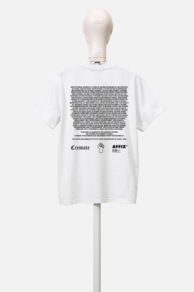 Cremate x AFFIX "Loaded Dice" T-Shirt #BlackLivesMatter systematic racism charity tee top black white Stephen Lawrence Charitable Trust 100 per cent profits Black Lives Matter UK