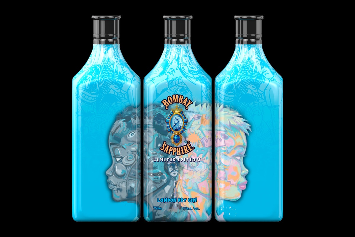 Hebru Brantley Designs Limited Edition Bombay Sapphire Gin Bottle first ever proceeds charity black lives matter benefit alcohol artwork artist designer