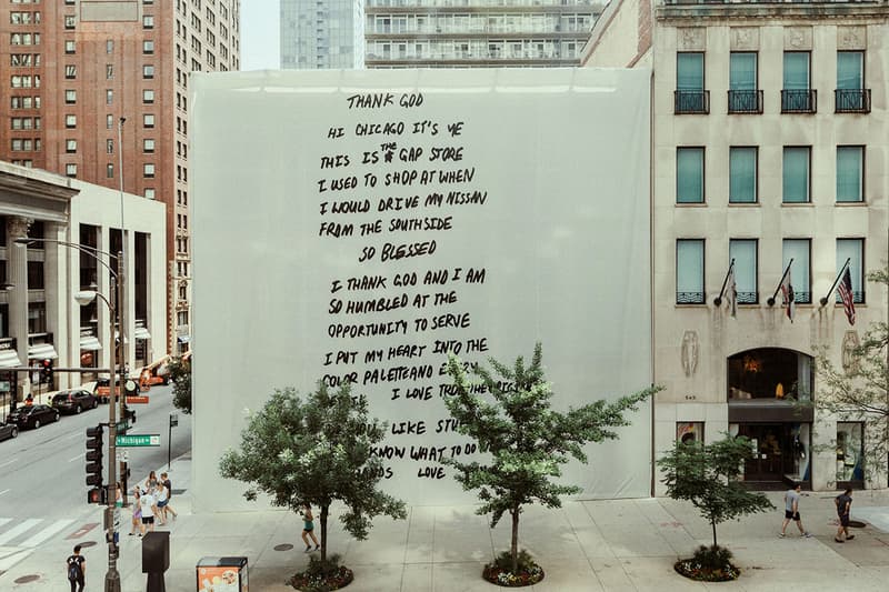 Kanye West Redesigns YEEZY Gap Store Chicago letter handwritten read message launch open buy clothing collaboration partnership 555 Michigan Ave Illinois 60611 tron 1 movie