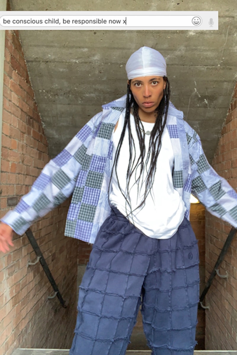 ln-cc martine rose late night conscious campaign sustainable collection release information buy cop purchase london fashion week virtual details kai isaiah jamal tracksuit hoodie sweatpants shirt patchwork 